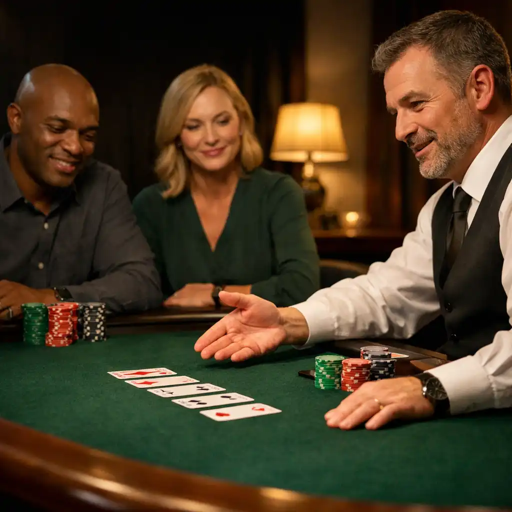 Dealer-host guiding adult guests at a beginner poker orientation table