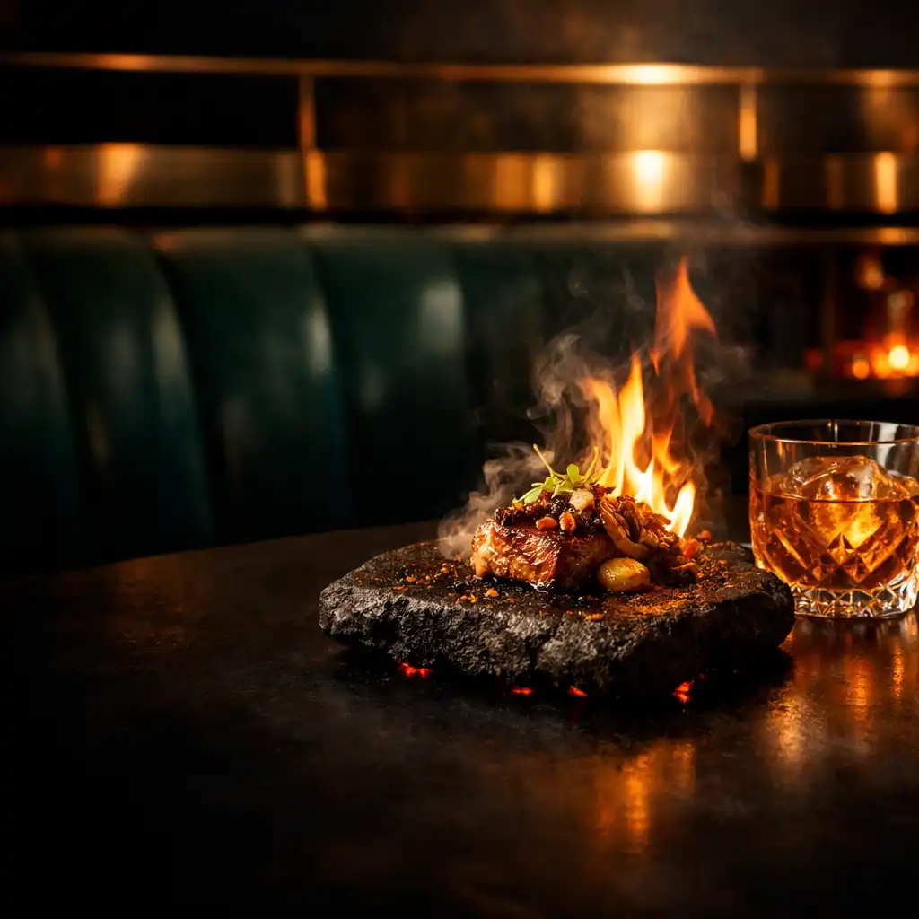 Flame-kissed dish and amber cocktail in a boutique grill