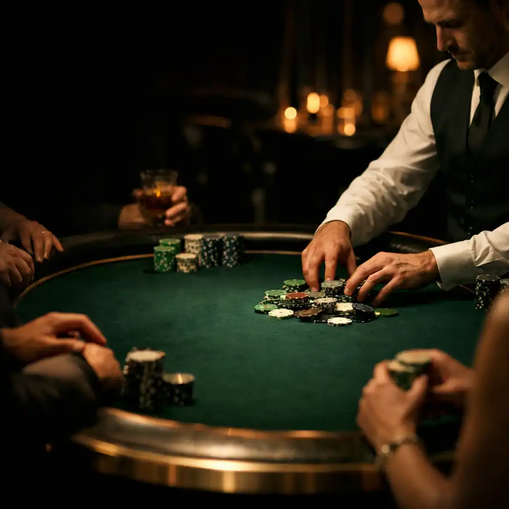 Dealer-hosted emerald felt table in a warmly lit card lounge
