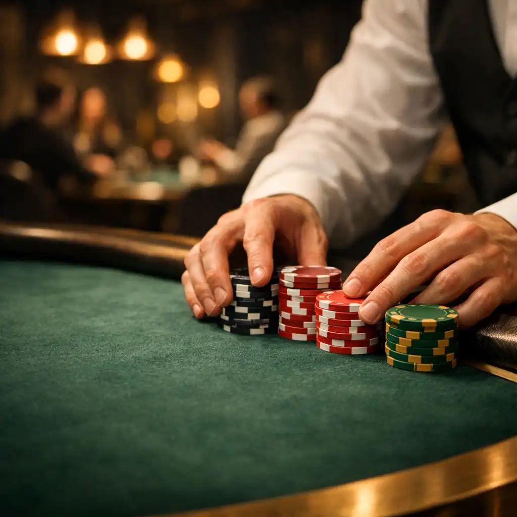 Hands arranging premium poker chips on emerald felt