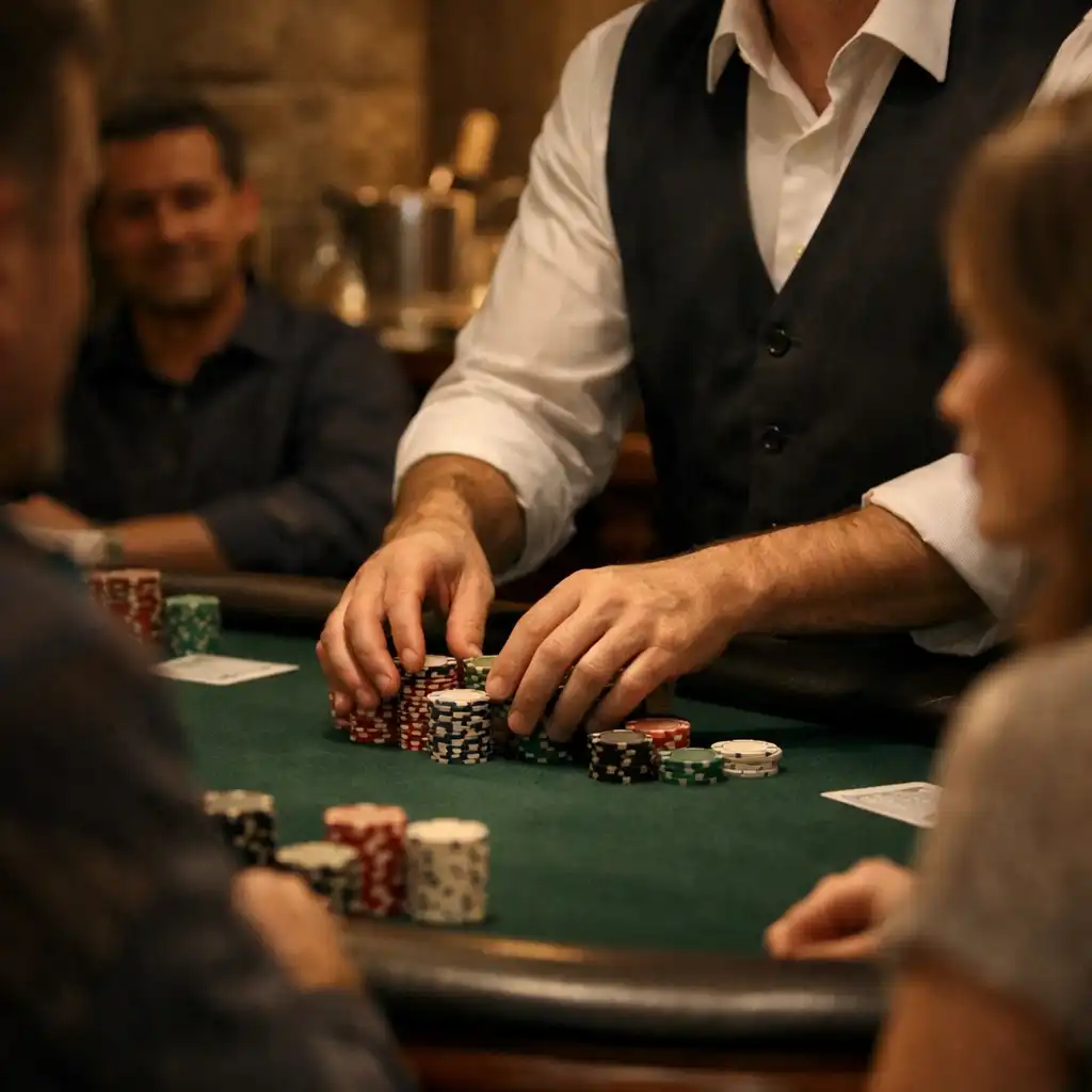 Dealer host arranging chips at a private emerald felt table