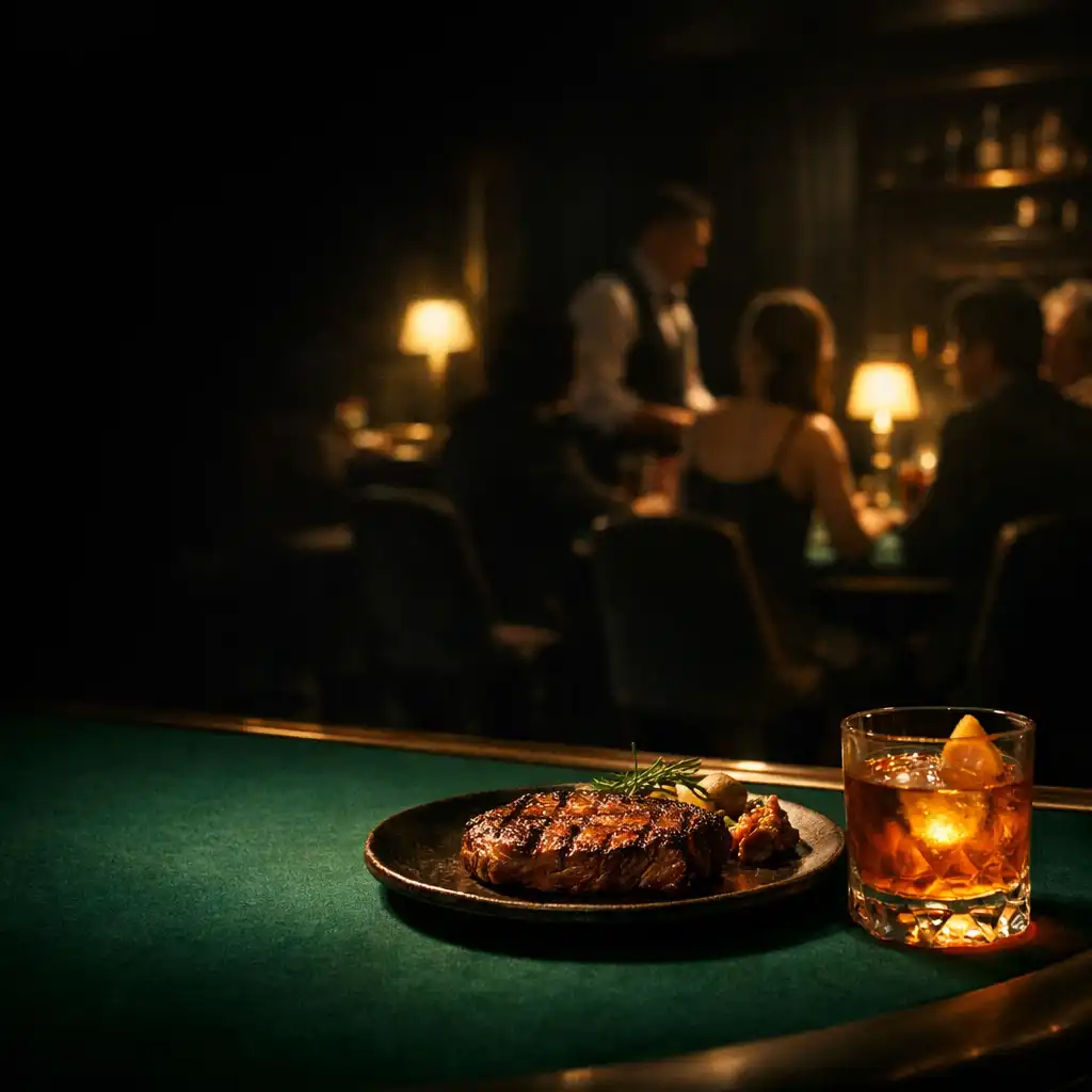 Flame-grilled steak and an amber cocktail beside emerald felt in a low-lit lounge