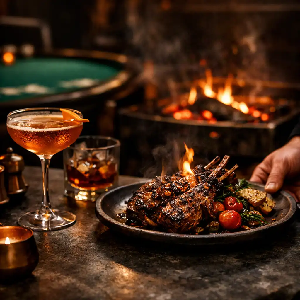 Flame-grilled dish and cocktail beside a softly blurred poker table