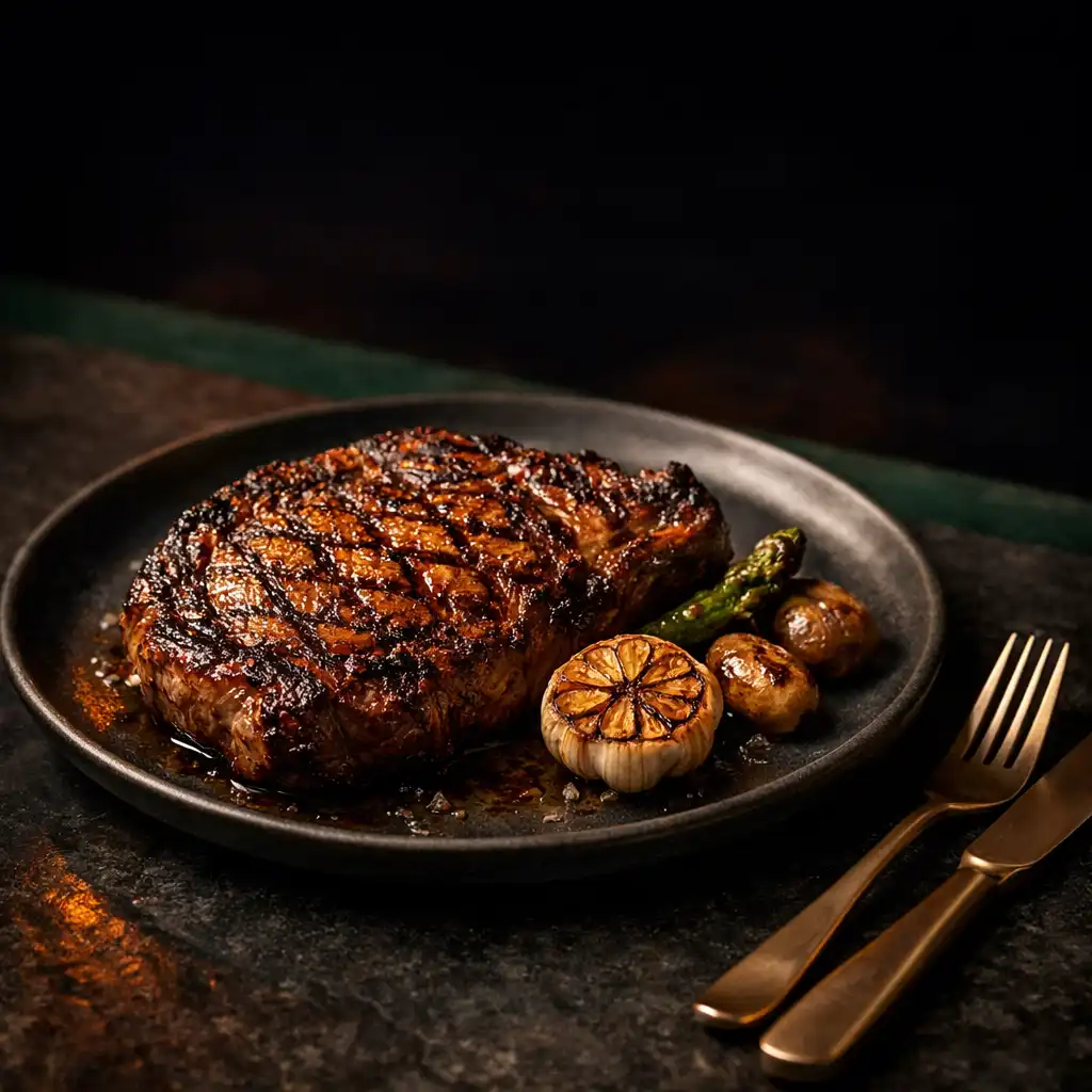 Flame-grilled steak on a charcoal plate with warm ember light