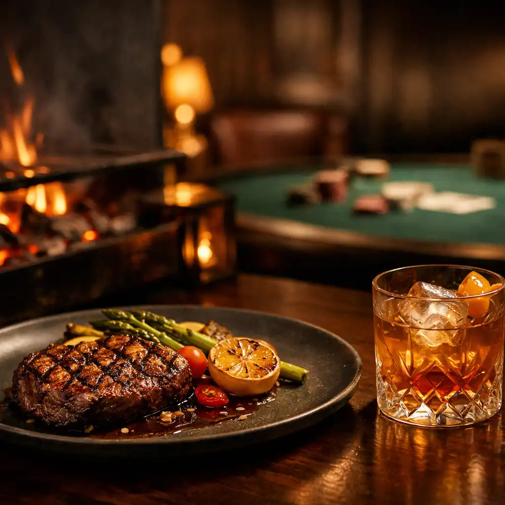 Flame-grilled dish and cocktail in warm low light beside a card lounge