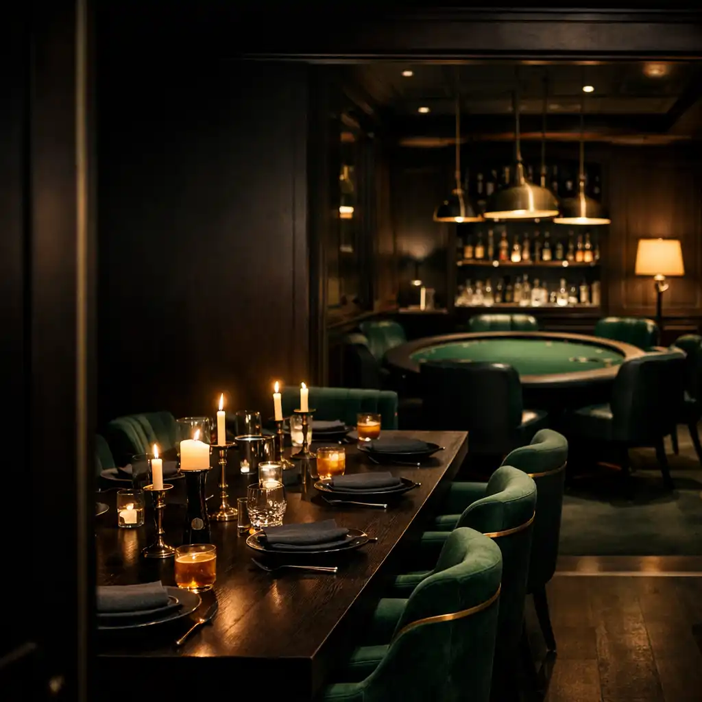 Intimate private dining room with a dressed dark timber table and emerald seating