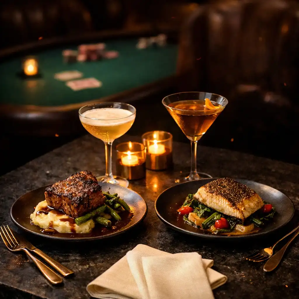 Private dining plates and cocktails beside an emerald felt poker table