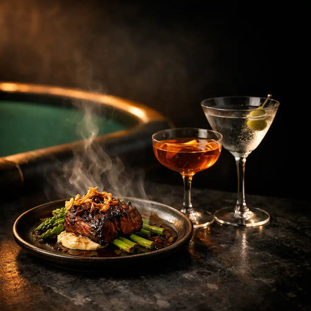 Flame-grilled dish and cocktails prepared for a private event