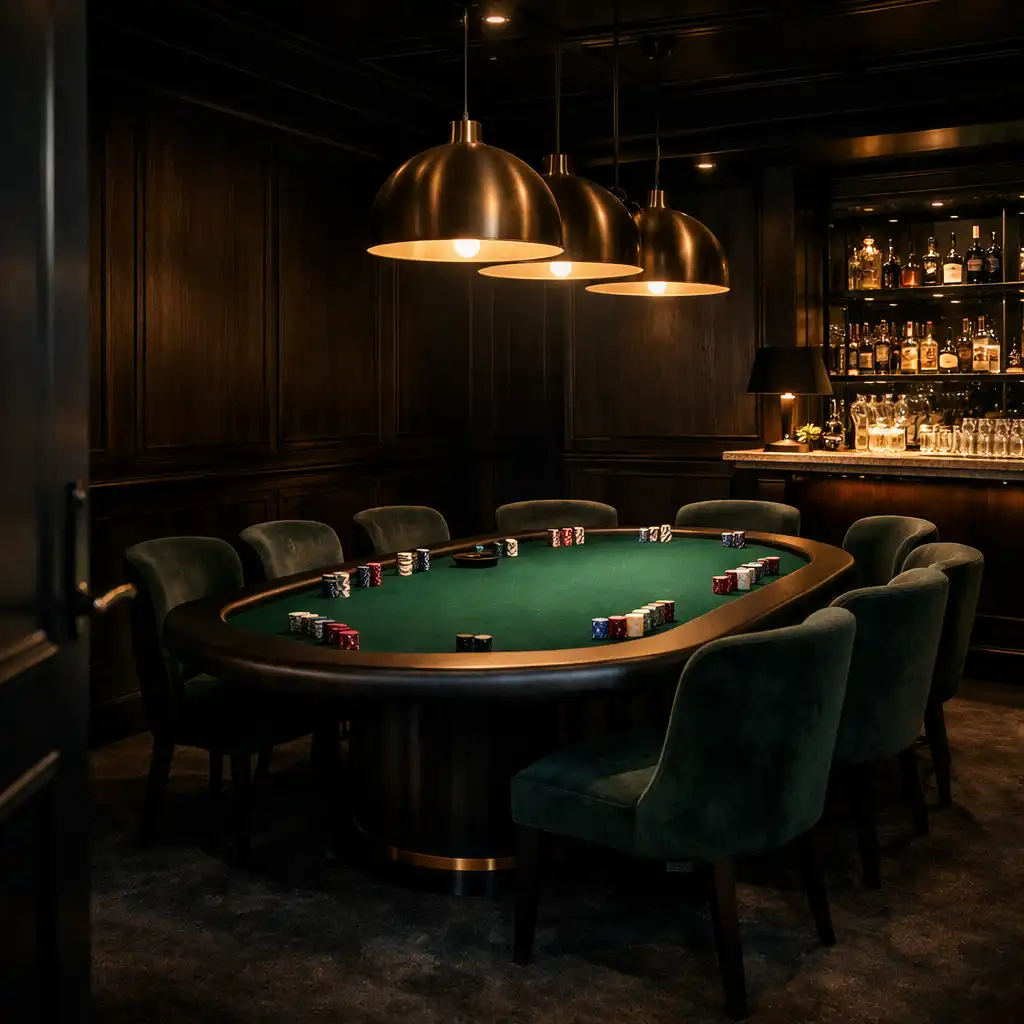 Prepared private VIP poker suite with emerald felt table and warm pendant lighting