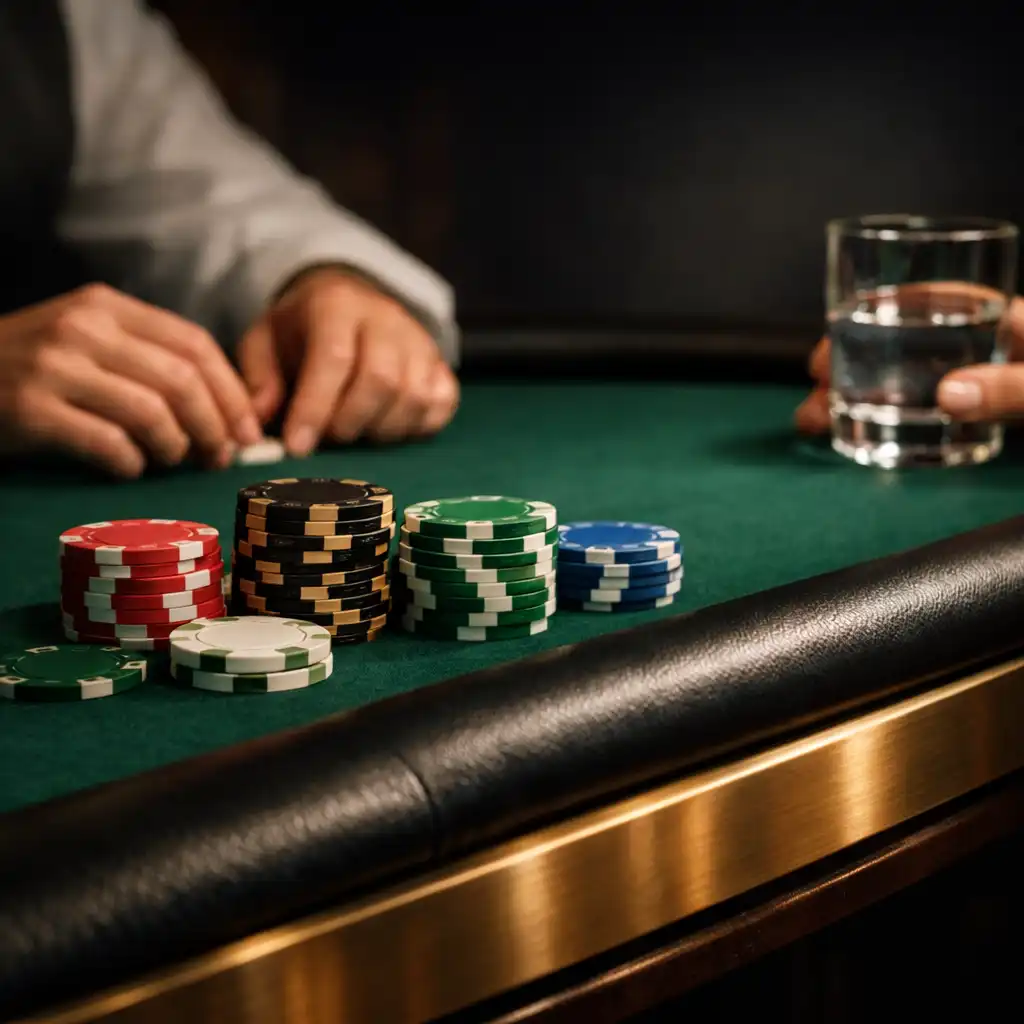 Ceramic poker chips and a dealer's hands on an emerald felt table