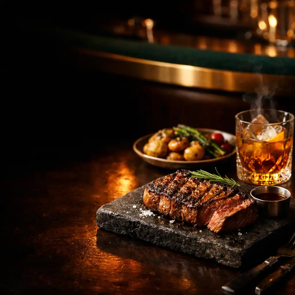 Flame-grilled steak and a smoked cocktail on a dark table