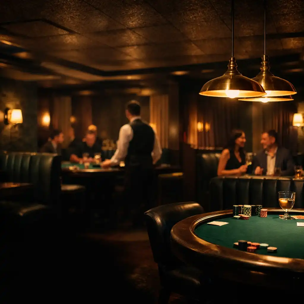 Warmly lit velvet card lounge with emerald felt tables and guests in conversation