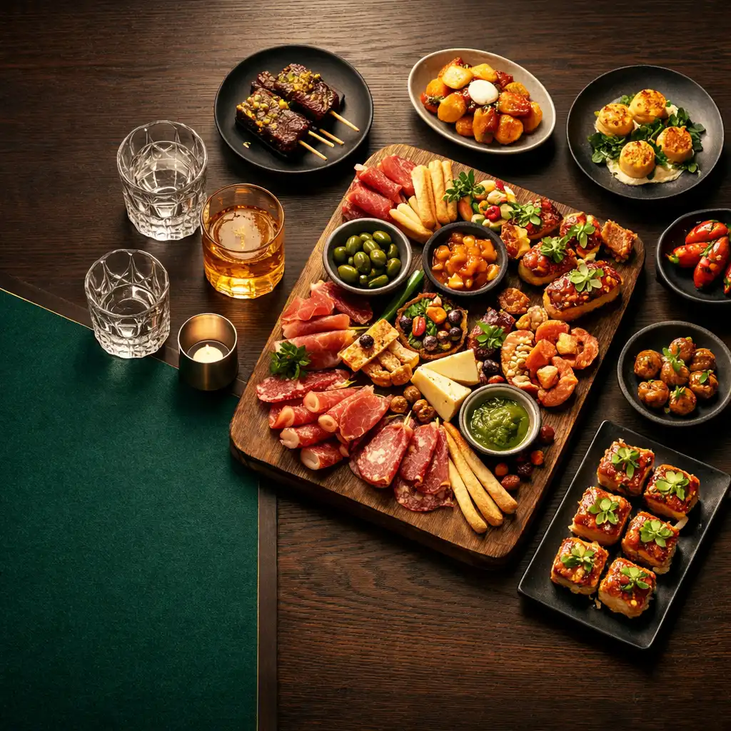 Shareable platter and neat tapas on a dark timber dining table beside emerald felt