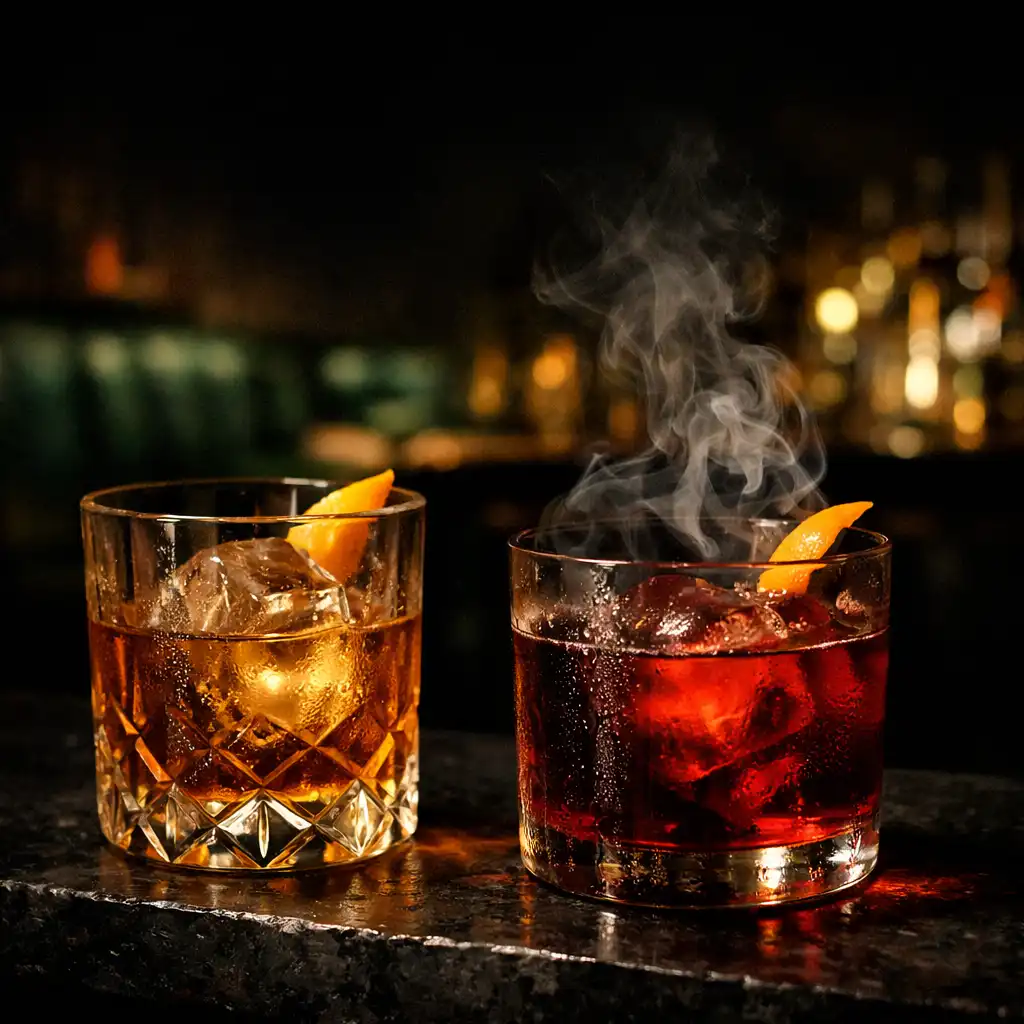 Two refined cocktails on a black stone bar with smoke and warm reflections