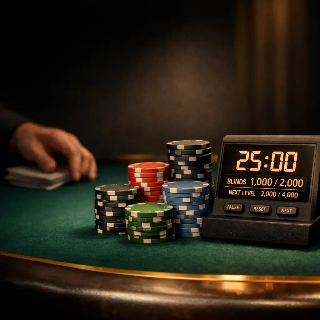 Tournament poker chips and a discreet poker clock on emerald felt