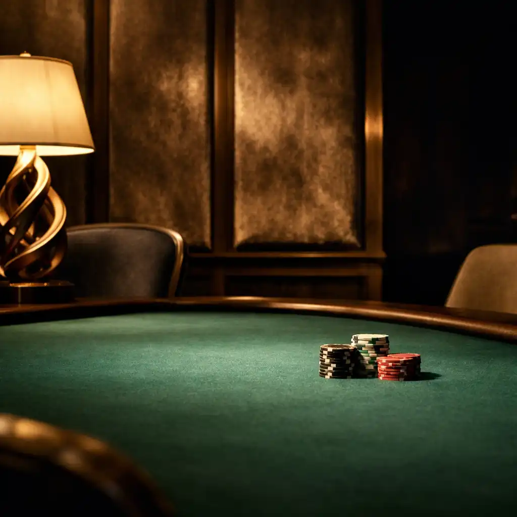 VIP private poker room with emerald felt, velvet panels and bronze lamp