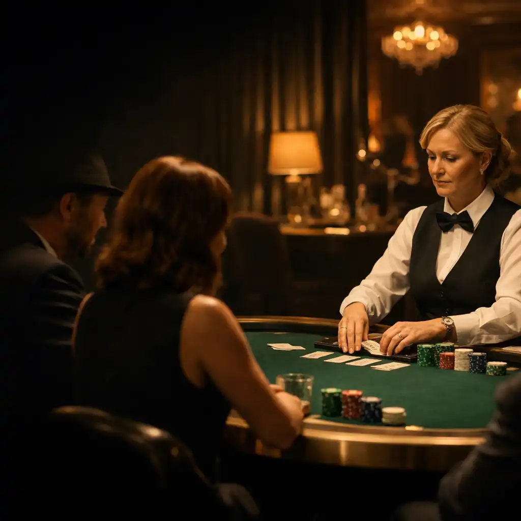 Dealer-hosted offline poker table in a warmly lit emerald felt card lounge